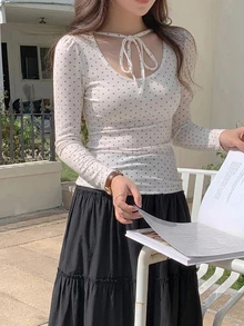 DAZY 女款圓領波點前綁帶短袖T恤 秋季 - 白色 - 查看 5