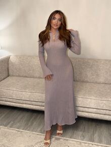 Modelyn Women's Autumn/Winter Casual Solid Color Knit Dress - Lilac Purple - View 7