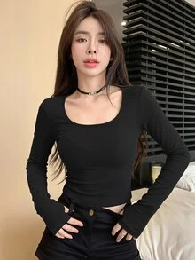 DAZY 女款方領修身 T-shirt 性感風格 秋季 - 黑色 - 查看 6