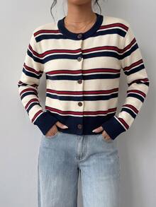 SHEIN BASICS 女款開襟衫，適合春、秋、冬，高端配色，優雅條紋，返校穿搭 - 彩色 - 查看 2