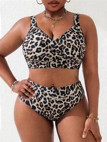 Slaydiva 2026 New Plus Size Women 2-Piece Leopard Print Patchwork Ruched Spaghetti Strap Separated Swimwear Set, Summer Beach Vacation - Multicolor - View 6