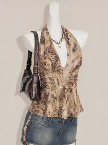 SHEIN ICON 掛脖深V領收腰露背熱帶性感背心上衣 抽象豹紋印花 夜出度假女款夏季米色 - 彩色 - 查看 3