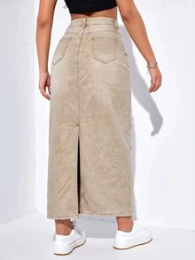 SHEIN EZwear Women's Button-Front Distressed Denim Midi Skirt With Back Slit - Camel - View 3