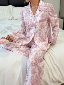 Napfluff Set Piyama Lengan Panjang dengan Motif Lukisan Tinta Kerut Gelembung dan Manset Kontras - Putih - View 3