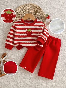 SHEIN 2件組女嬰紅色條紋抓絨內裡加厚草莓3D裝飾圓領長袖套頭上衣 + 毛茸茸休閒直筒長褲，可愛時尚保暖毛絨套裝，適合冬季日常穿著、上學、旅行、度假及各種場合 - 彩色 - 查看 4