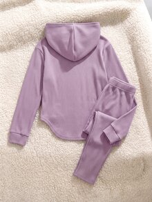 SHEIN 女童大童針織羅紋連帽不對稱下擺T恤與內搭褲2件套 - 粉色 - 查看 2