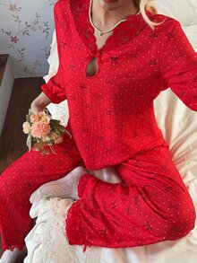 Dream Adore Women's Red Bow Print Collar Lace Long Sleeve Pants Pajama Set - Red - View 1