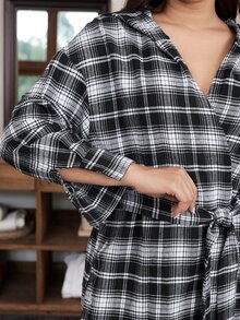 Doze Lane Jubah Wanita Ukuran Besar Berkerudung Ultra Lembut Motif Kotak-kotak, Pakaian Santai Kasual Tropis, Jubah Panjang untuk Tidur Malam, Hitam dan Putih, Musim Gugur - Hitam dan Putih - View 2