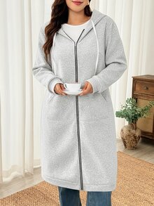 Weeklong Jaket Lengan Panjang Kasual Wanita Ukuran Besar Warna Polos dengan Tali Serut dan Tudung untuk Musim Dingin - Grey - View 5