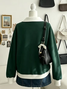 Lalippa 女款復古拼色 Polo 領半拉鍊運動衫，寬鬆版型，小馬翻領套頭上衣，秋季 - 彩色 - 查看 2