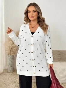 SHEIN CURVE+ 大尺碼休閒戶外波點針織開襟衫 - 彩色 - 查看 3