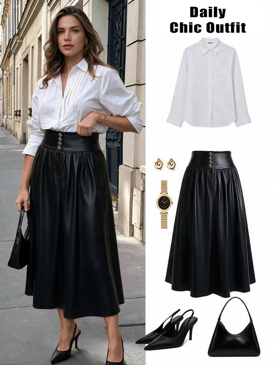 GlowEve CURVE Plus Size Women's Elegant Commuter Versatile PU Leather A-Line Ruched Skirt With Decorative Buckle, Autumn/Winter - Black - View 1