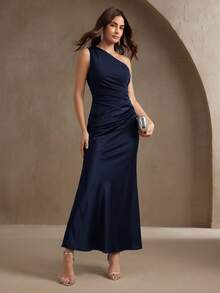 Savoree Women's New Elegant Asymmetrical Shoulder Satin Waist-Cinching Patchwork Dress, Suitable For Summer Party Formal Wear, Navy Blue - Navy Blue - View 3