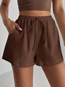 SHEIN Tall 女款純色前打結短褲，適合夏季 - 棕色 - 查看 3