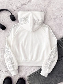 SHEIN 青少年女孩哥德風文字水鑽鉚釘短版拉鍊連帽衛衣，秋冬長袖上衣，畢業穿搭，返校穿搭 - 白色 - 查看 2