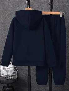 SHEIN 兒童青少年男孩騎士印花插肩袖長袖秋冬連帽衛衣與運動長褲休閒套裝 - 藏蓝色 - 查看 2