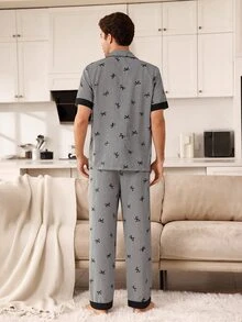 CoupledUp Men's Casual Home Loungewear Set, Black Striped Bow Print Contrast Trim Open Front Lapel Short Sleeve Top And Long Pants - Black and White - View 5