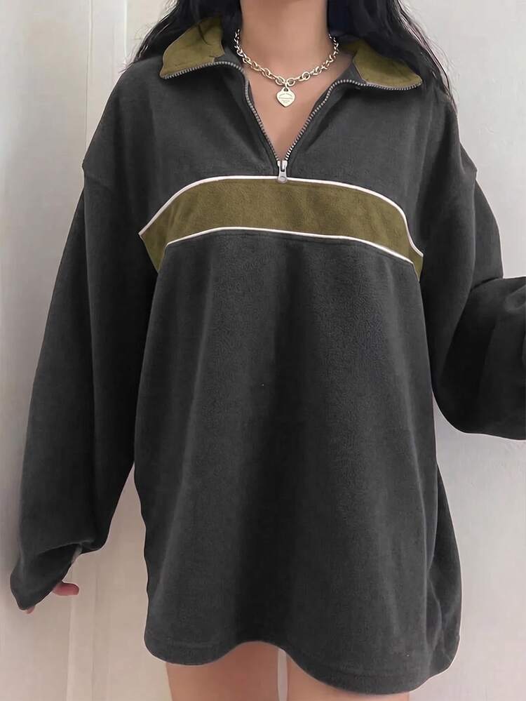 Lumivelle Plus Size Women's Colorblock Casual Versatile Daily Wear Long Sleeve Sweatshirt - Dark Grey - View 3