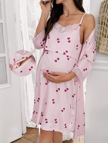 Moonlight&Mama Casual Striped Heart Print Lace Patchwork Nursing Camisole And Robe 2 Pieces Maternity Sleepwear Set - Pink - View 1