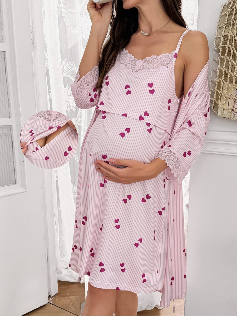 Moonlight&Mama Casual Striped Heart Print Lace Patchwork Nursing Camisole And Robe 2 Pieces Maternity Sleepwear Set - Pink - View 1