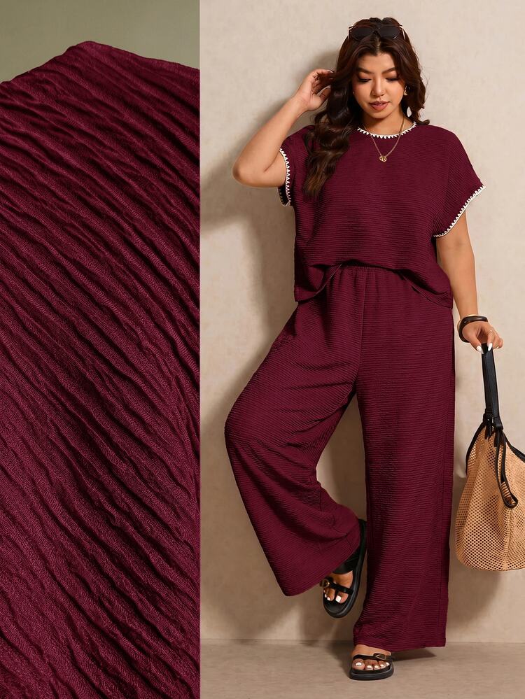 Elaquor Plus Size Vacation Casual Top And Pants 2 Pieces Set - Burgundy - View 3