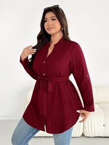 SHEIN Essnce 大尺碼女款純色缺口V領長袖休閒襯衫 - 酒紅色 - 查看 7