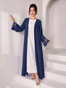 Yasmyna عباية نسائية كاجوال للحفلات بتصميم شبكي مرقع - أزرق غامق - مشاهدة 8