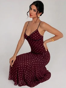 Firerie 女款波點印花對比蕾絲細肩帶洋裝 - 酒紅色 - 查看 13