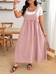 Enliva Plus Size Loose Black Strap Dress - Pink - View 9