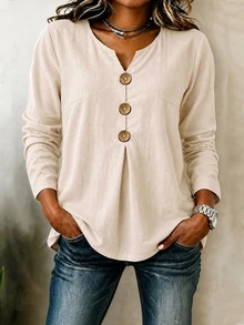 Linhara CURVE Plus Size Women's Solid Color Cotton Shirt, Notch V-Neck Button Decor Long Sleeve Autumn Blouse Fall - Khaki - View 3