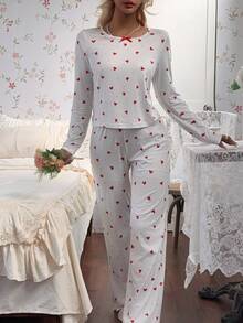 CottageSlumber Women's Heart Polka Dot Print Round Neck Waist Bow Fitted Base Layer Pajama Set - White - View 6