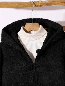 SHEIN Little Byeori 2件組男童冬季休閒返校穿搭套裝，包含刷毛半拉鍊連帽衛衣與寬鬆休閒慢跑長褲，秋季加厚保暖校園套裝 - 黑色 - 查看 6
