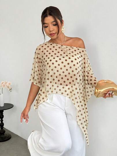 Firerie Women's Elegant Polka Dot Plus Size Mesh Top - Summer Asymmetrical Neckline Sheer Cape Cover Up, Suitable For Casual Vacation, Wedding, Tea Party And Hawaiian Style Occasions