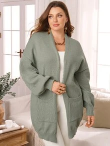 Rosumi Cardigan Rajut Lengan Panjang Wanita Ukuran Besar dengan Kantong Depan Terbuka, Warna Polos, dan Bahu Longgar untuk Musim Dingin - Hijau - View 2