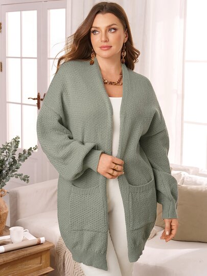 Rosumi Women's Plus Size Open Front Pocket Solid Color Dropped Shoulder Long Sleeve Knit Cardigan Winter