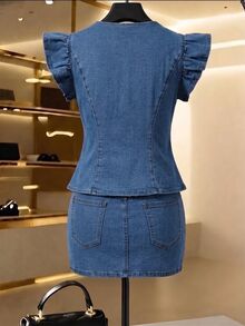 GlowEve Women's Metal Flower Button Ruffle Cuff Jacket And Pocket Skirt Denim Set - Blue - View 2