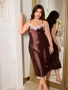 MuseNap CURVE Contrast Color Lace Patchwork Elegant Plus Size Women's Nightgown - Brown - View 4