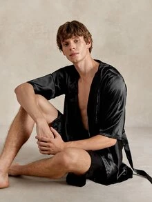 EverLounge Men's Solid Color Short Sleeve Hooded Robe - Black - View 4