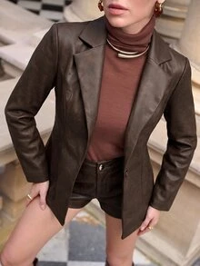 Lavishia 摩卡棕 PU 彈性修身通勤街頭時尚女款西裝外套 - 彩色 - 查看 4