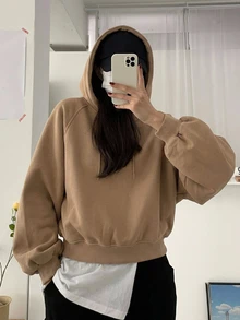 DAZY 女款純色連帽超寬鬆短版運動衫 - 棕色 - 查看 3