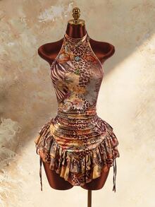 Amplova Women's Sexy Animal Print Ruffle Backless Halter Neck Mini Dress, Summer - Brown - View 1