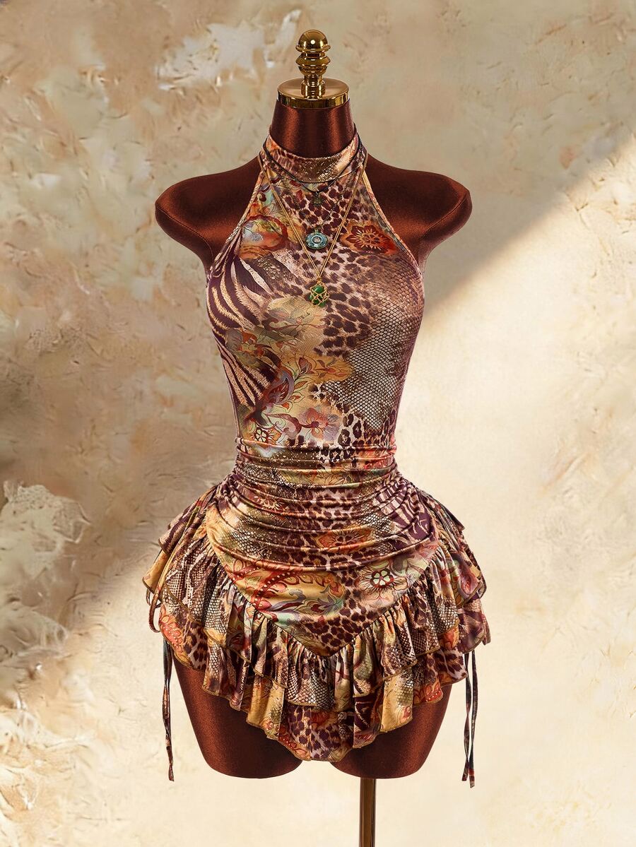 Amplova Women's Sexy Animal Print Ruffle Backless Halter Neck Mini Dress, Summer - Brown - View 1