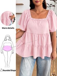 Enliva Blusa de talla grande con cuello cuadrado, ajuste holgado, volantes escalonados y manga corta - Rosa - Ver 1