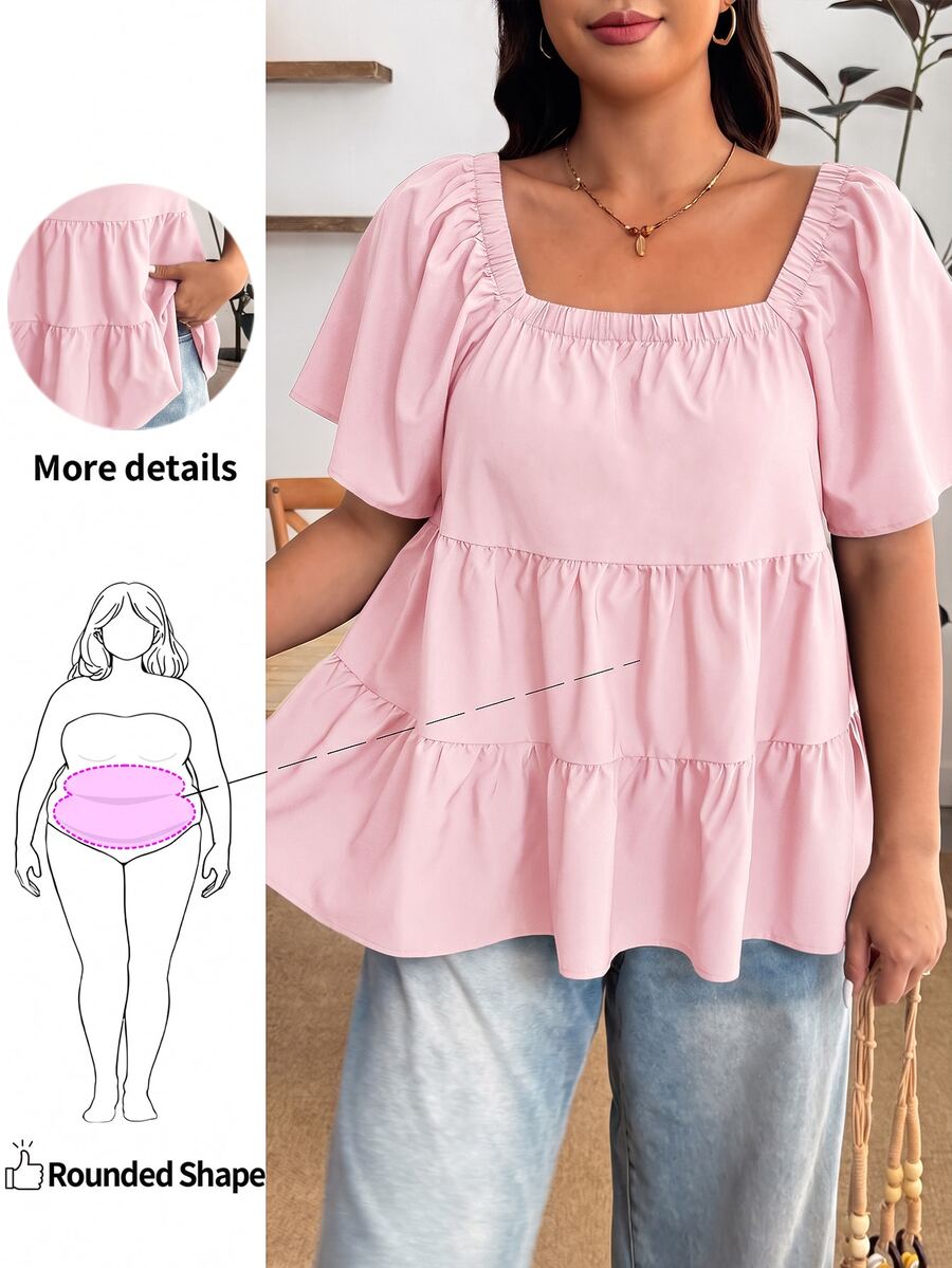 Enliva Blusa de talla grande con cuello cuadrado, ajuste holgado, volantes escalonados y manga corta - Rosa - Ver 1