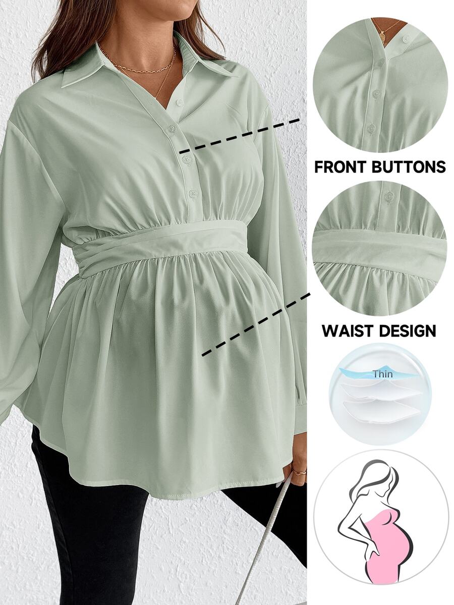 SHEIN Maternity Solid Color Long Sleeve Button Half-Placket Casual Shirt Fall - Green - View 1