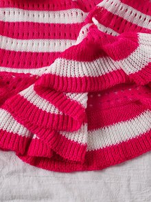 Girls' Perforated Beach Dress, Spaghetti Strap, Yellow And White Striped Color Block, Pleated Ruffle Hem, Cute Casual Versatile Summer Beach Vacation Dress - Hot Pink - View 4