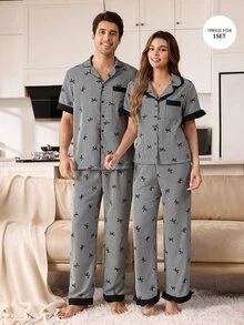 CoupledUp Men's Casual Home Loungewear Set, Black Striped Bow Print Contrast Trim Open Front Lapel Short Sleeve Top And Long Pants - Black and White - View 6