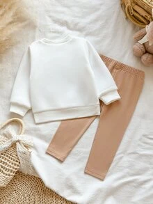 SHEIN Vintaside Kids Baby Girls 2 Pcs Bunny Floral Embroidered Sweatshirt And Solid Color Leggings Set For Outdoor Photo Shoot Baby Shower - Khaki - View 2