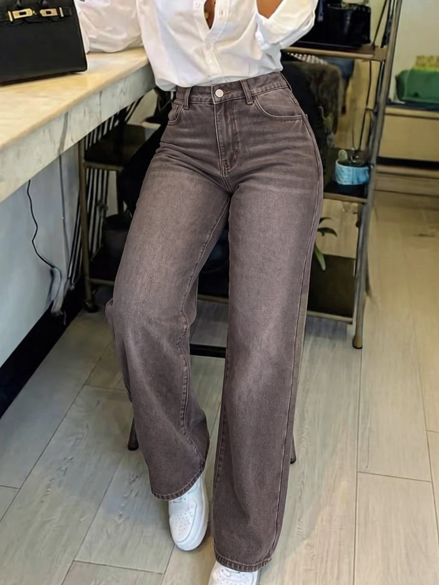 Slaydiva Celana Jeans Wanita Kasual Model Lebar dengan Motif Cuci - Coklat - View 1