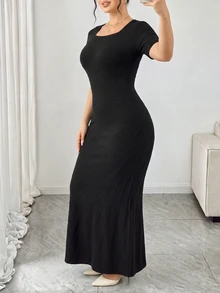 Modelyn Gaun Rajut Model Duyung Warna Polos Elegan Ukuran Plus - Hitam - View 7